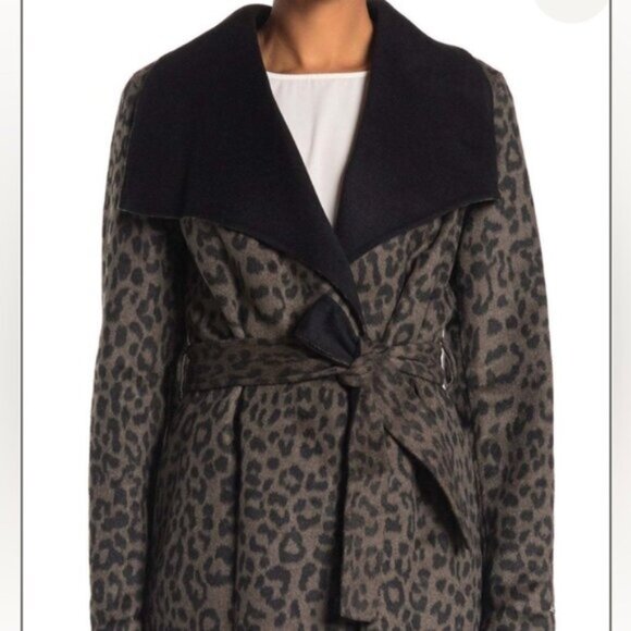 Tahari NEW Ella Leopard Animal Print Wrap Coat Wool Belt Shawl Jacket Pockets XL - Picture 7 of 16